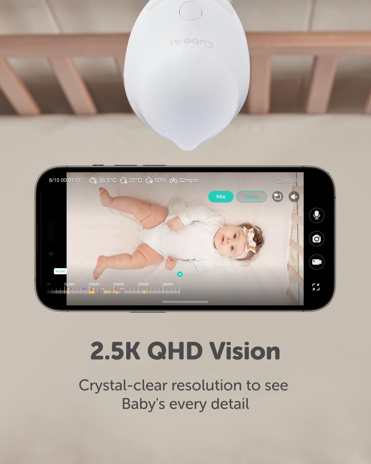 CuboAi baby monitor with breathing motion detection and 2.5K QHD vision for clear baby monitoring