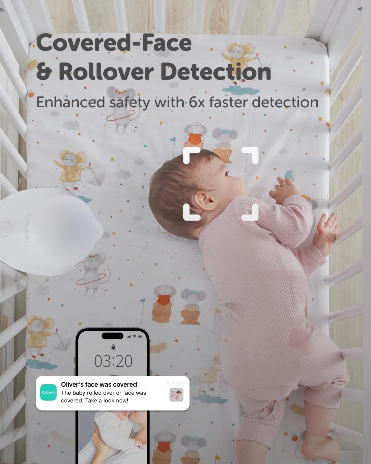 CuboAi Baby Monitor with Breathing Motion Detection for enhanced safety and covered-face alerts