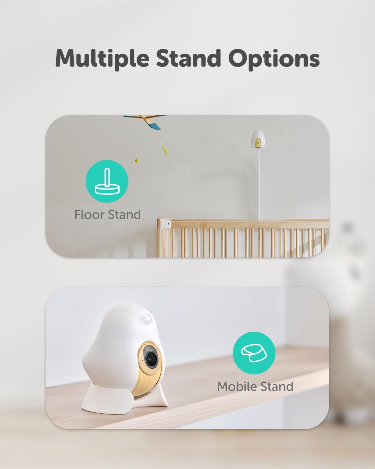 CuboAi Baby Monitor with Breathing Motion Detection featuring multiple stand options for versatile placement