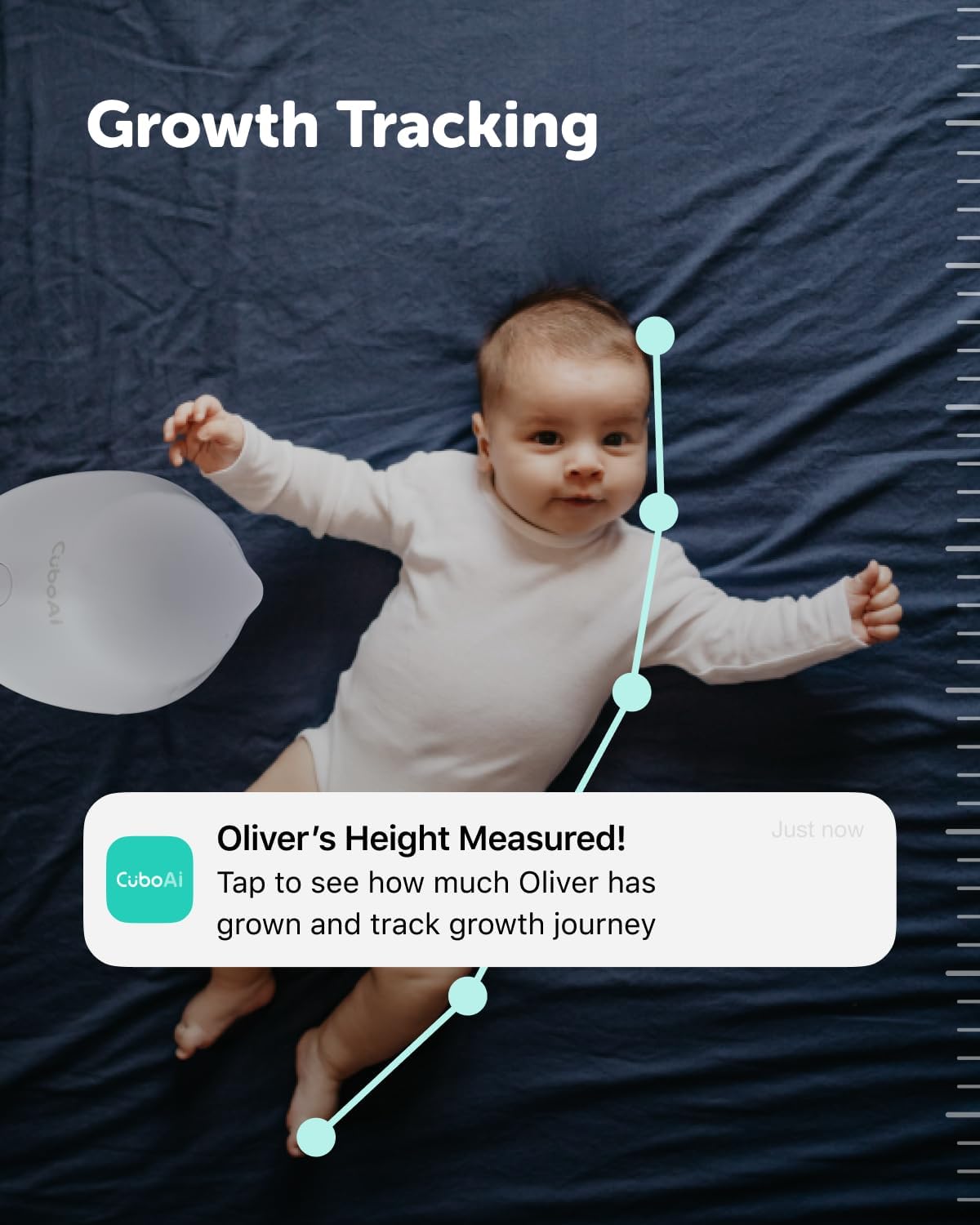 CuboAi baby monitor with breathing motion detection showing a baby tracking growth progress