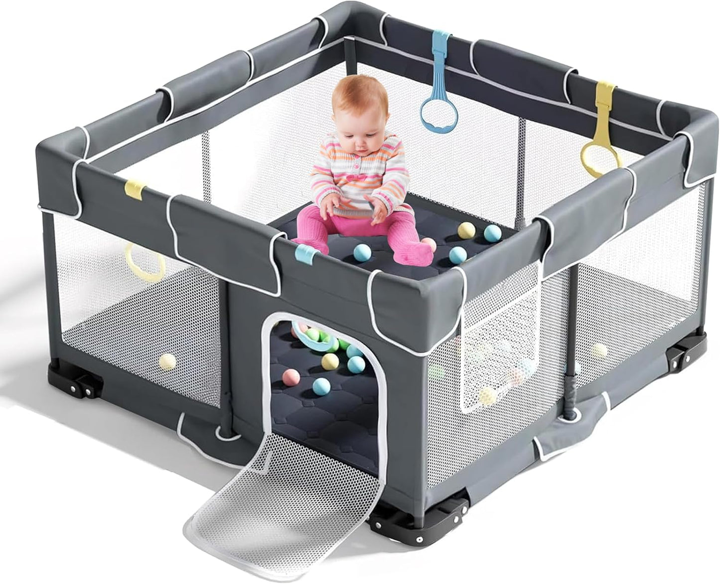 Plurimo baby playpen 127x127cm in grey with colourful accessories and a child playing inside