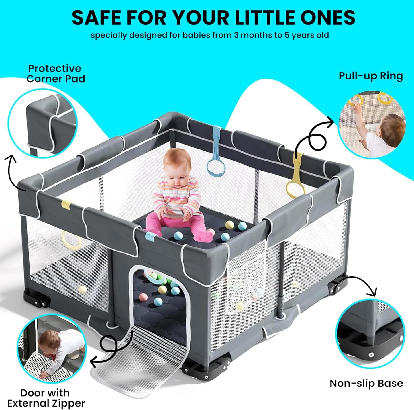 Plurimo baby playpen 127x127cm with pull-up ring and protective corner pad for safety