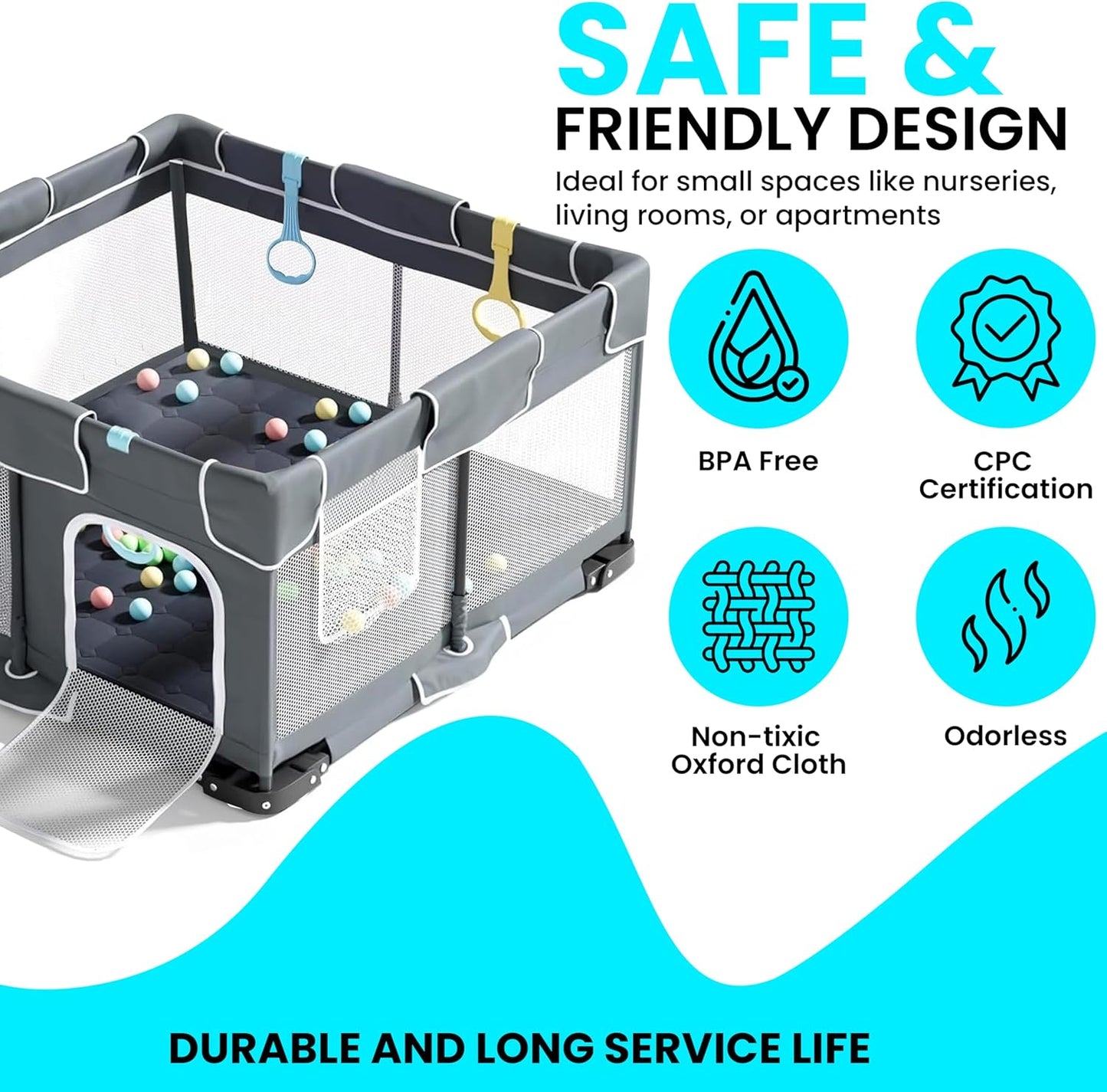 Plurimo baby playpen 127x127cm in grey with mesh sides, safe design for indoor use and BPA free