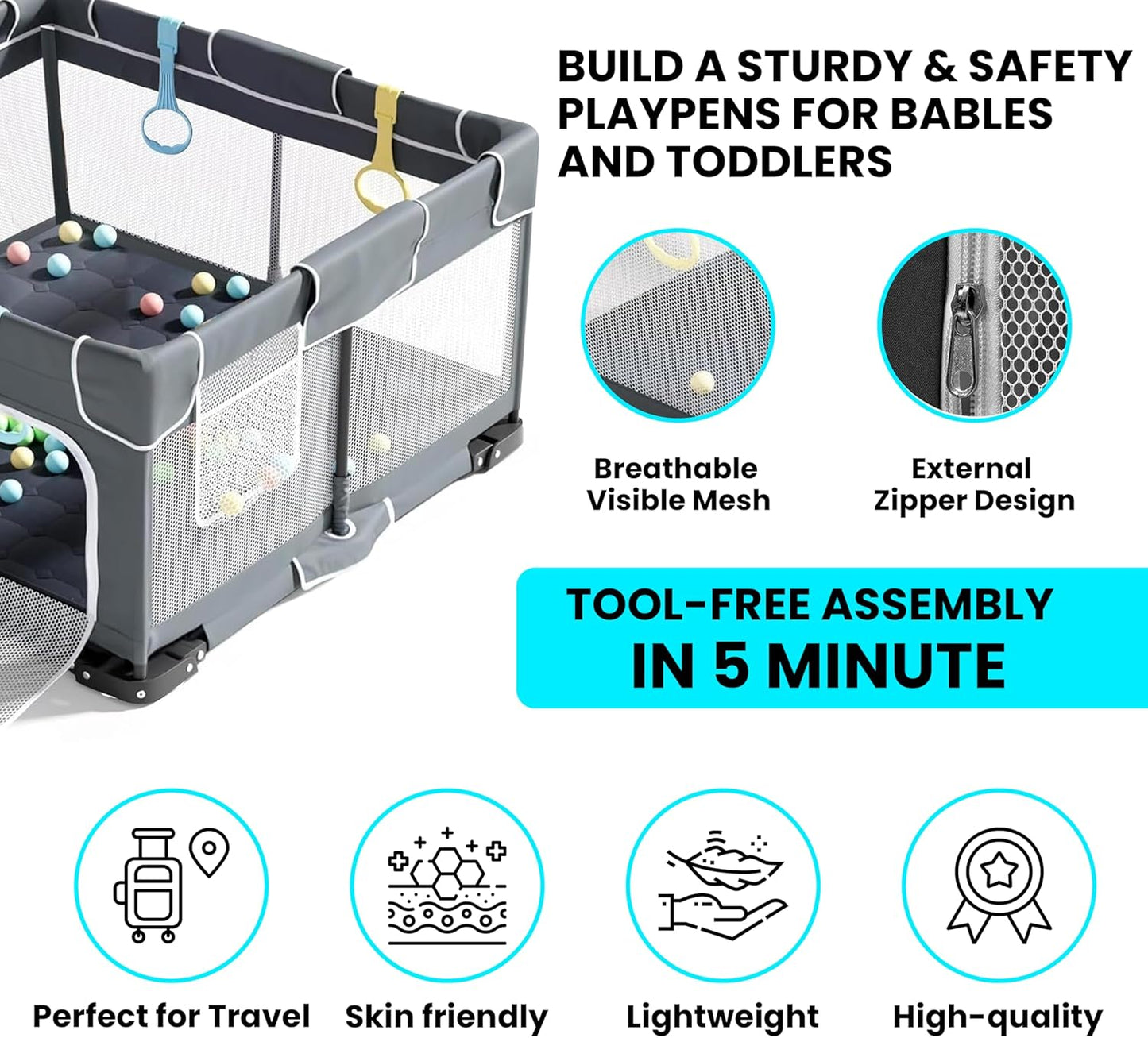 Plurimo baby playpen 127x127cm with breathable mesh and tool-free assembly for safety