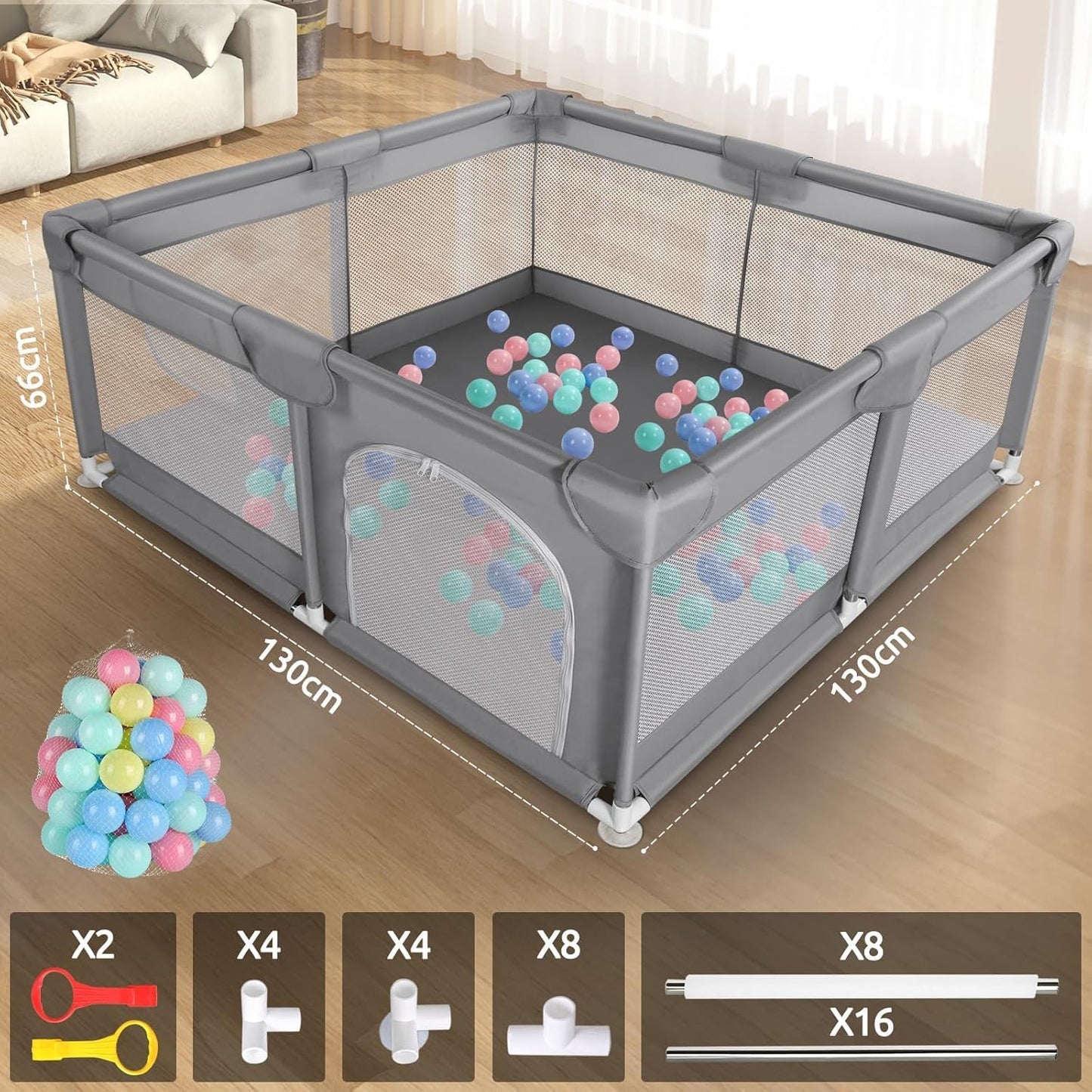 Treeboy baby playpen with mesh sides, 130cm x 130cm, featuring colourful play balls for safe indoor fun