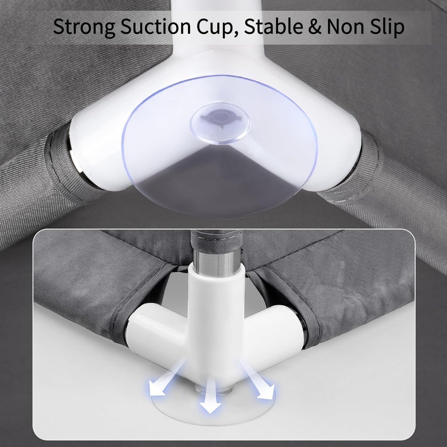 Close-up of a strong suction cup system on a baby playpen with mesh sides for stability and safety