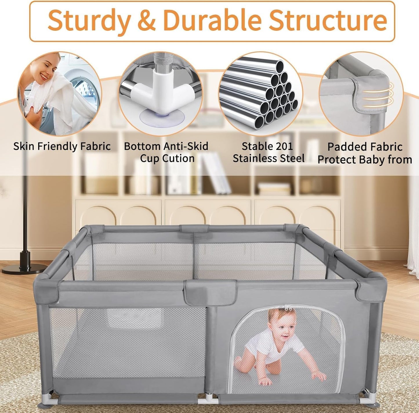 Treeboy baby playpen with mesh sides featuring a sturdy structure and padded fabric for safety