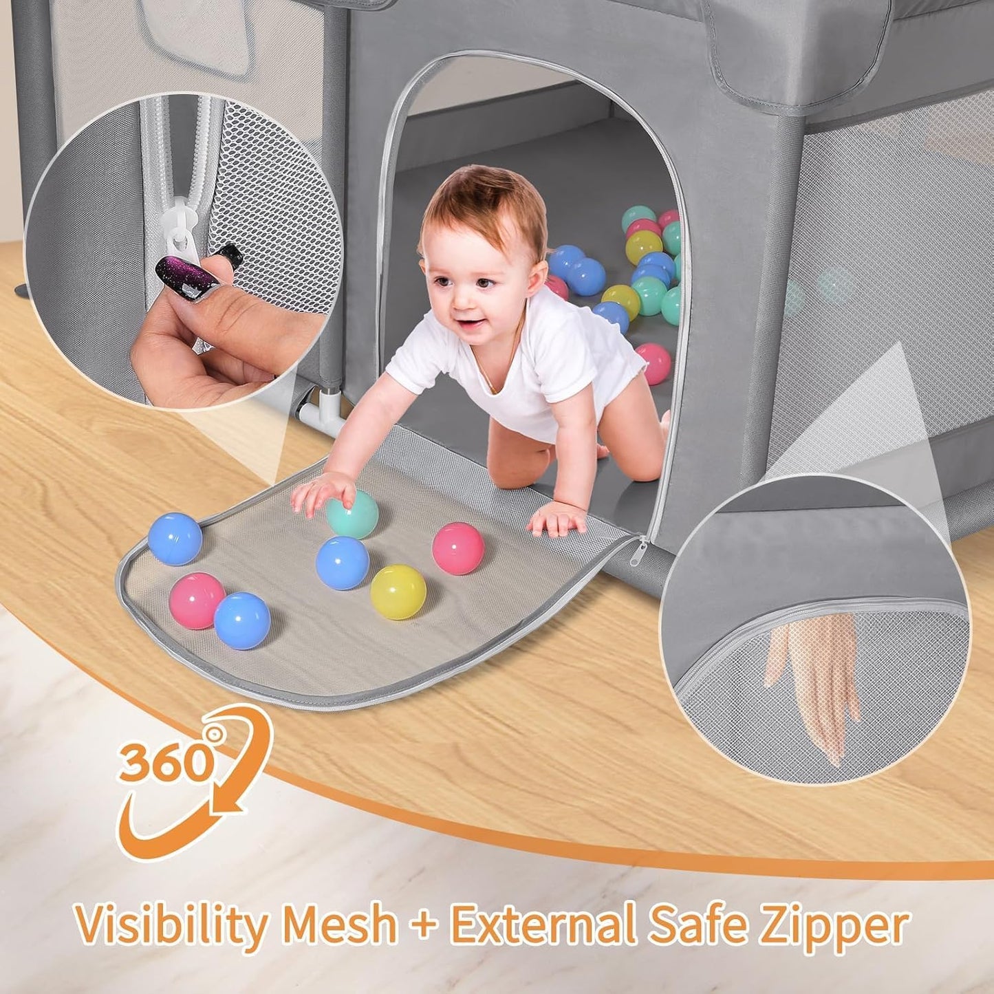 Treeboy baby playpen with mesh sides featuring a secure external zipper and ball pit entrance