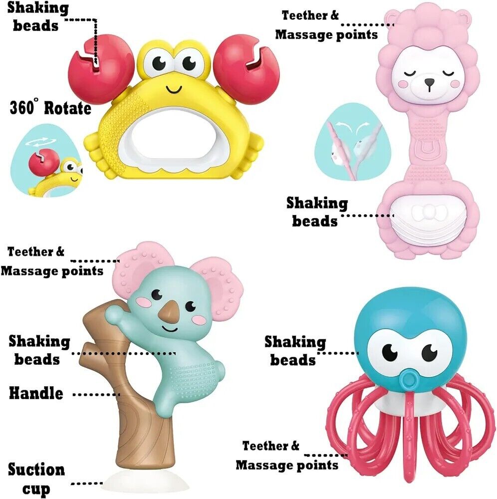 Fiouni baby rattle teething toy set featuring colorful animals and textured surfaces for sensory play