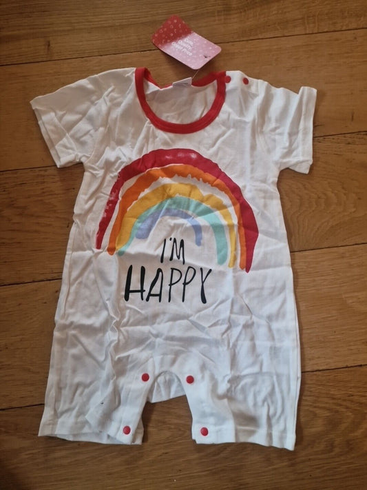 Baby romper 6-8 months white with rainbow and I'm Happy text