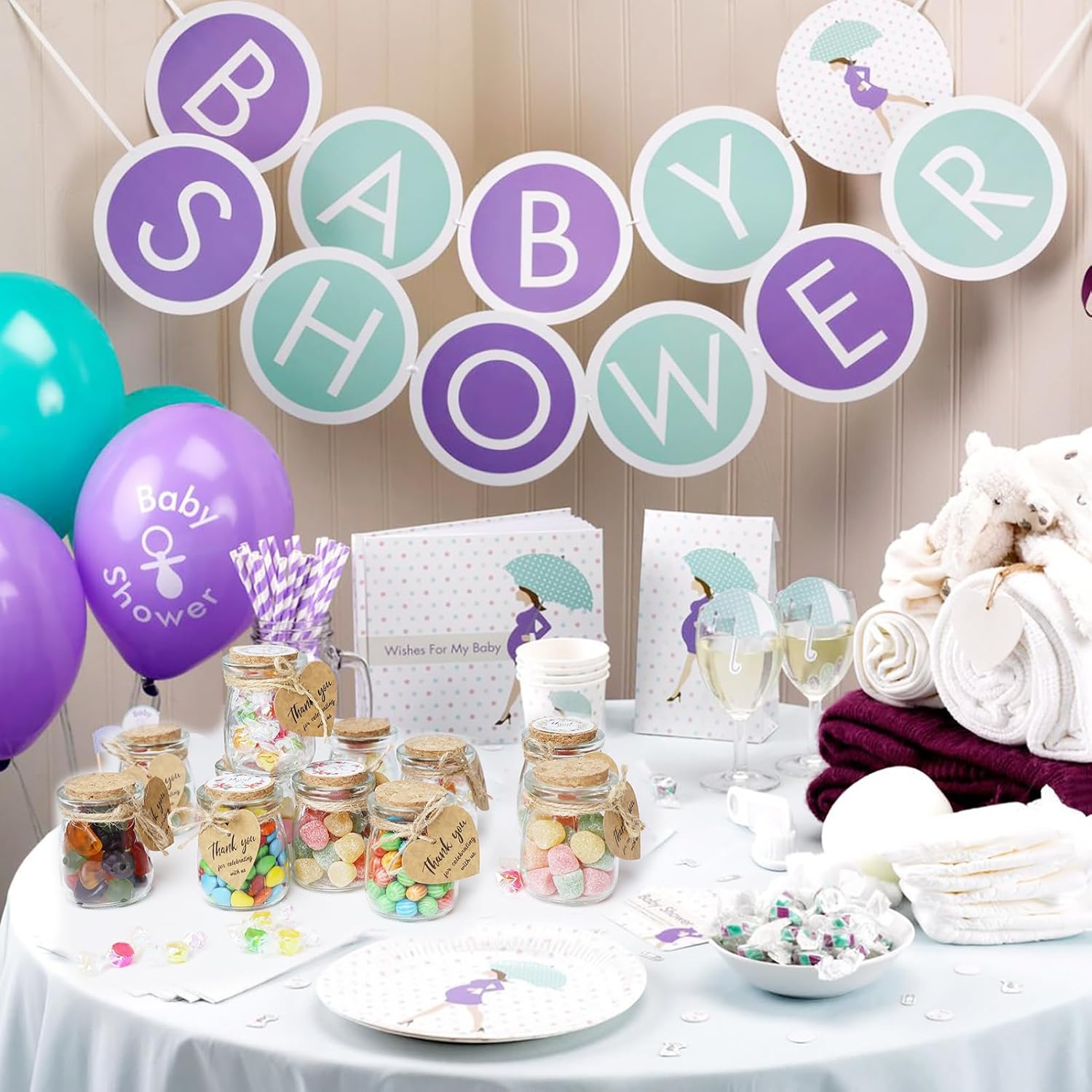 AIXIANG Baby Shower Decor with Balloons, Banners, and Treats on a Festive Table