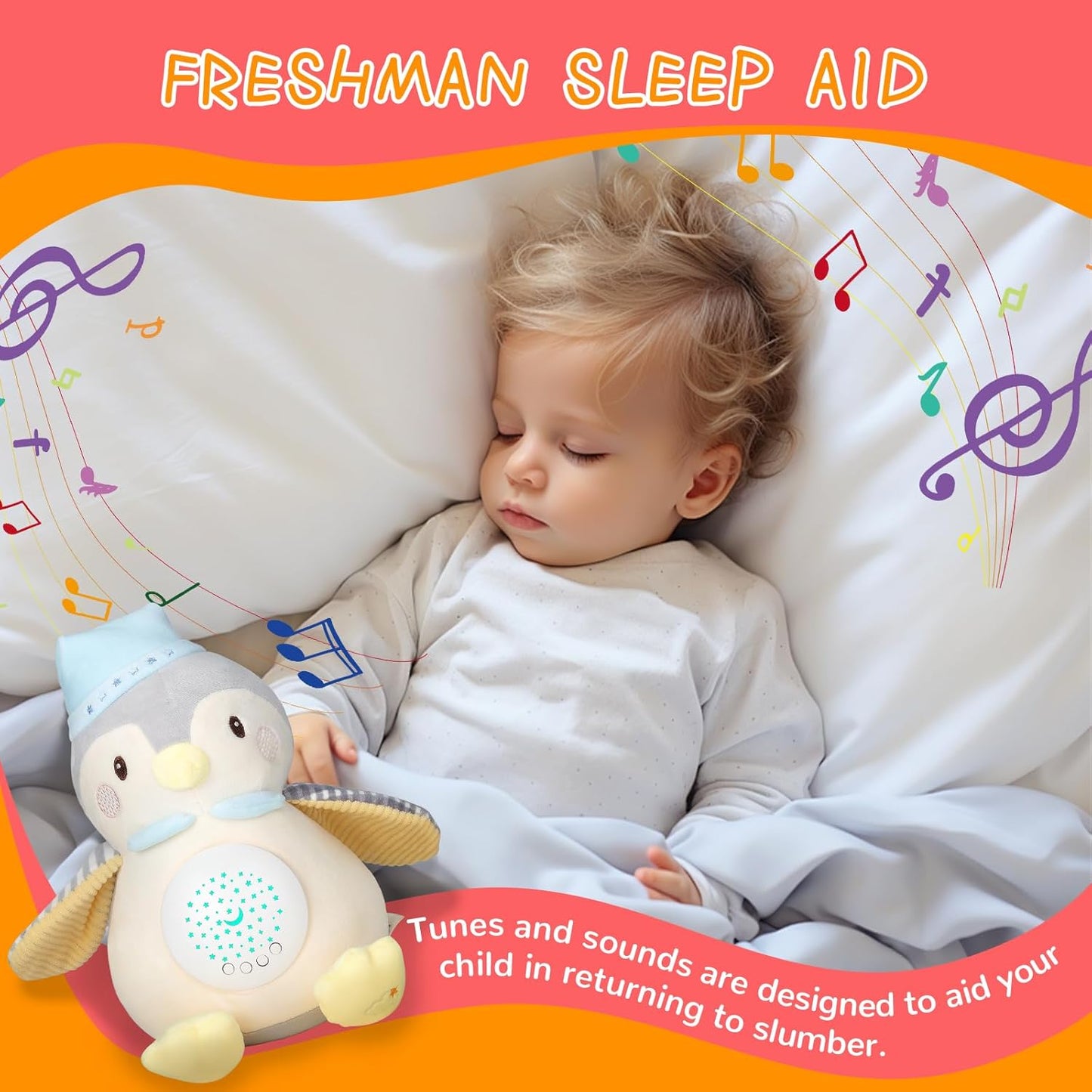EAQ baby sleep aid soother featuring a penguin design and soothing sounds for infants to sleep comfortably