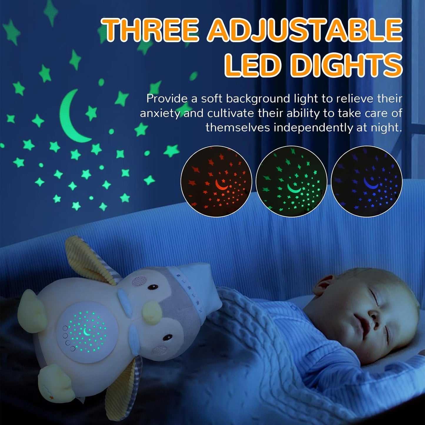 EAQ baby sleep aid soother with three adjustable LED lights for comforting night-time use