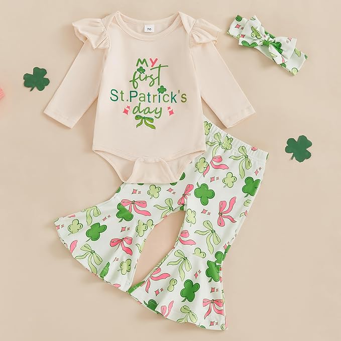 Edhomenn St Patrick's Day baby outfit with printed flared pants and long sleeve bodysuit