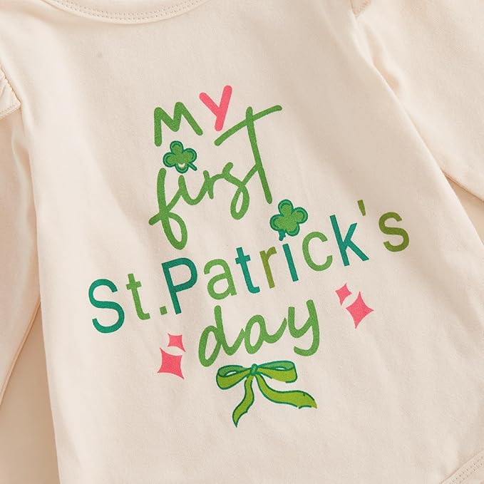 My First St Patrick's Day baby outfit in cream featuring festive green and pink text design