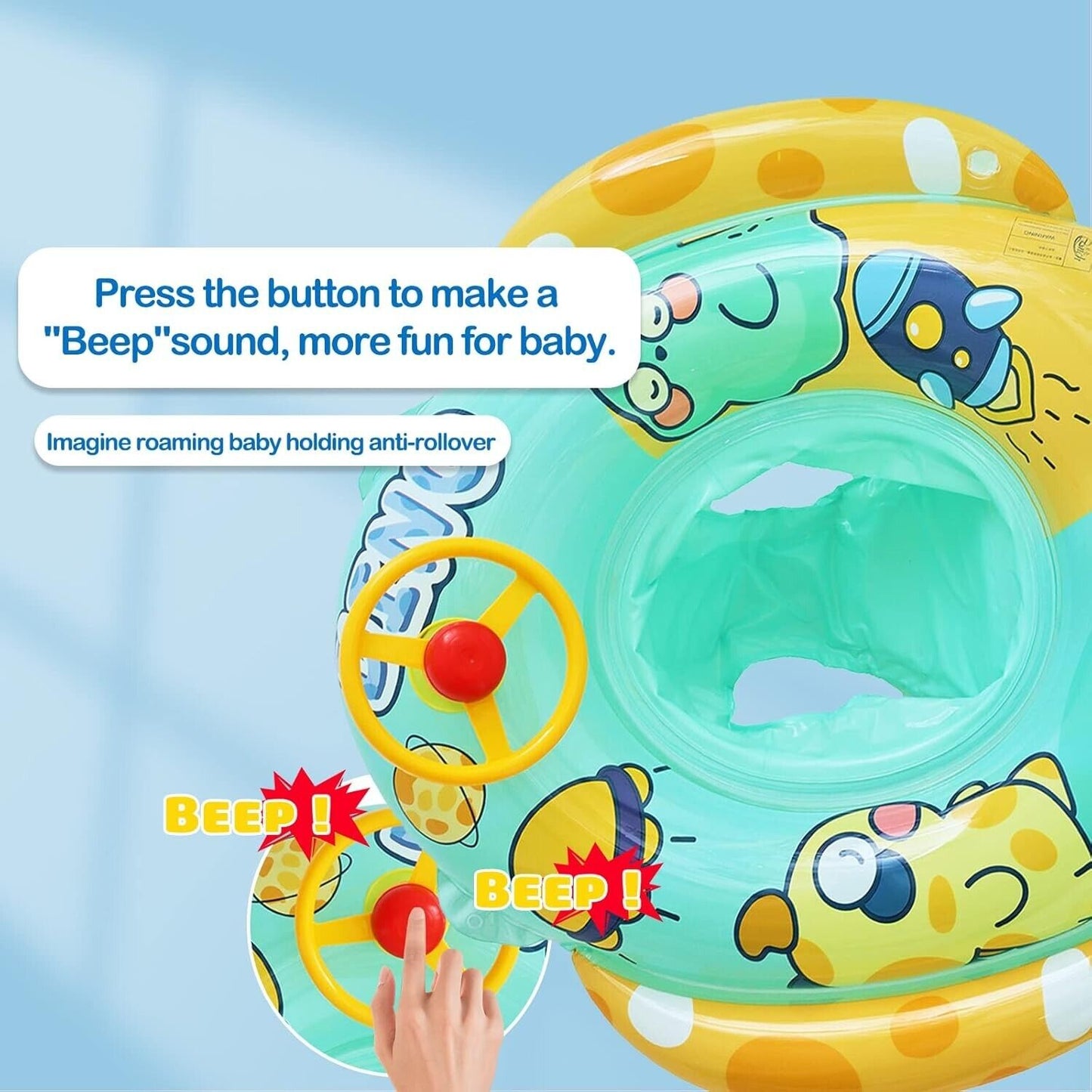 Bravepal baby swimming float with seat featuring playful designs and a fun beep sound button