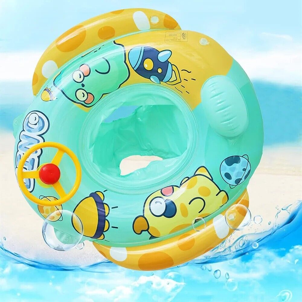 Bravepal baby swimming float with seat featuring fun cartoon designs and a safety steering wheel