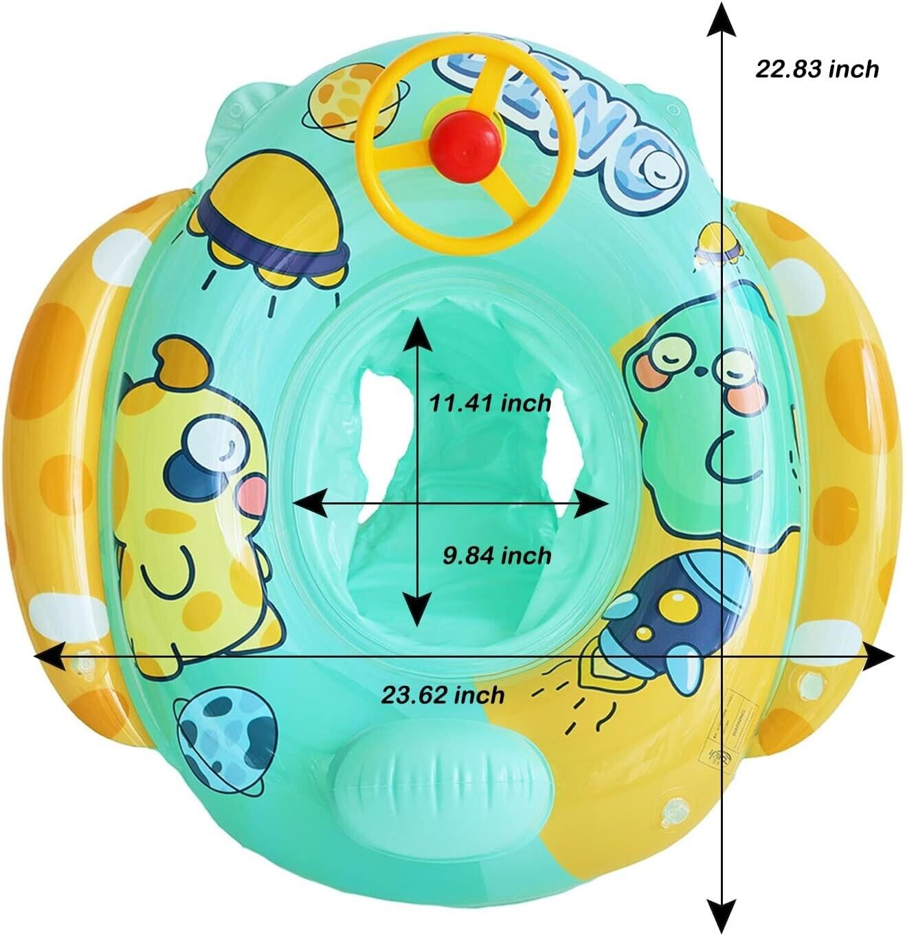Bravepal baby swimming float with seat featuring vibrant cartoon design and steering wheel for added fun