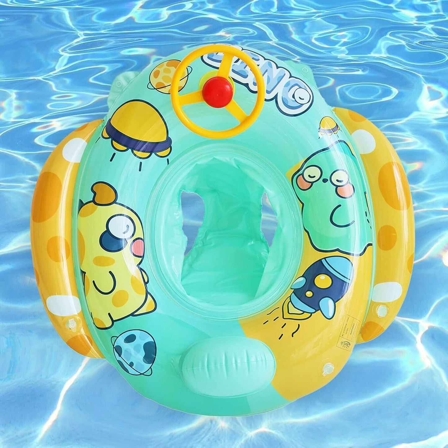 Bravepal baby swimming float with seat in vibrant colours, featuring playful animal designs for aquatic fun