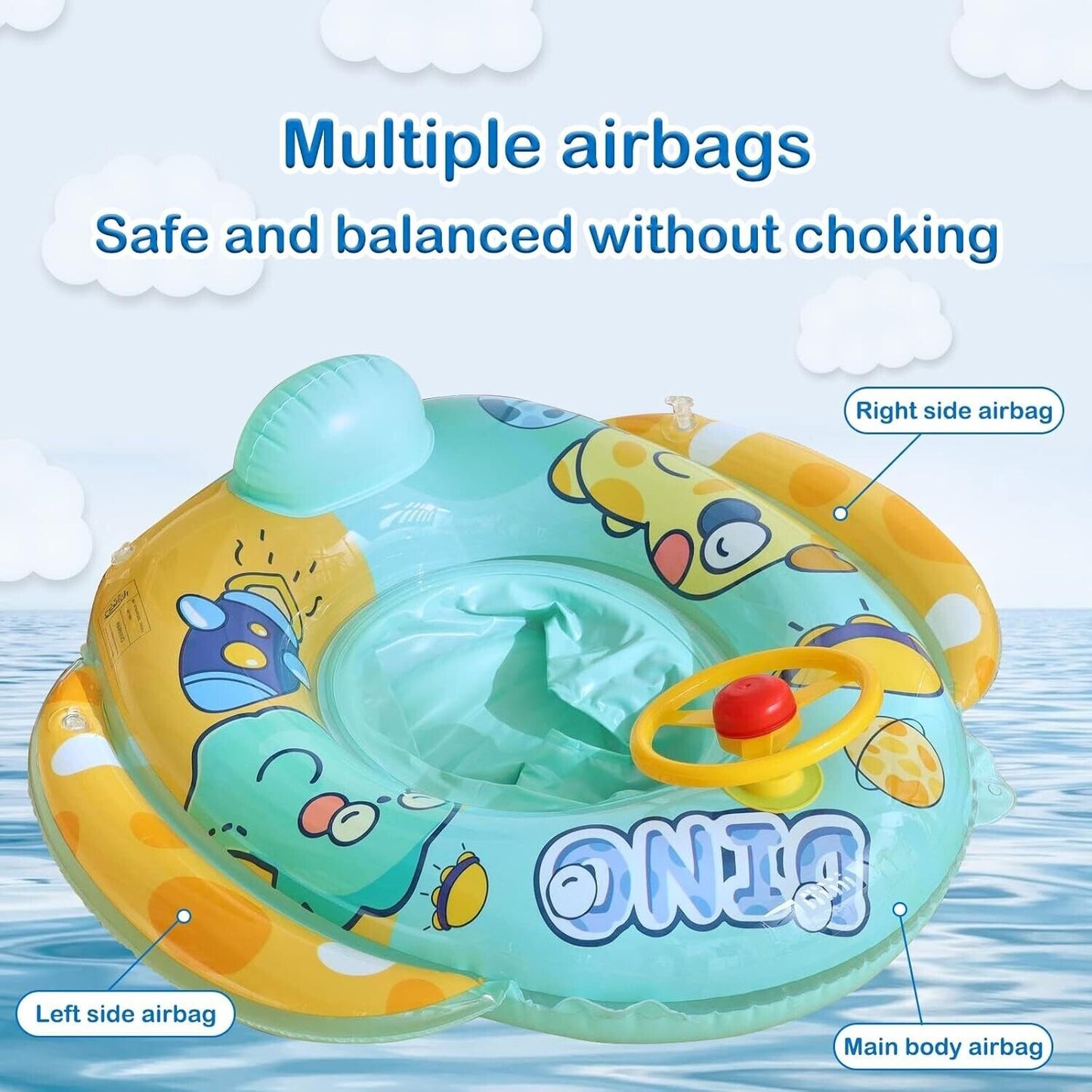 Bravepal baby swimming float with seat featuring multiple airbags for safety and comfort in water