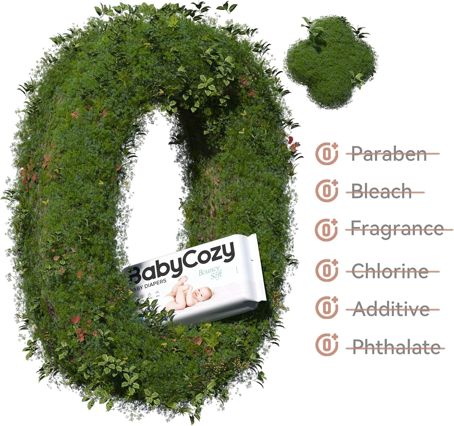 Babycozy size 3 diapers pack surrounded by lush greenery, highlighting eco-friendly features