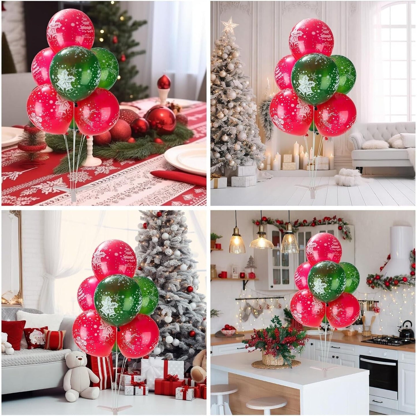 Balloon stand kit for parties featuring red and green balloons with festive snowflake designs in decorated settings