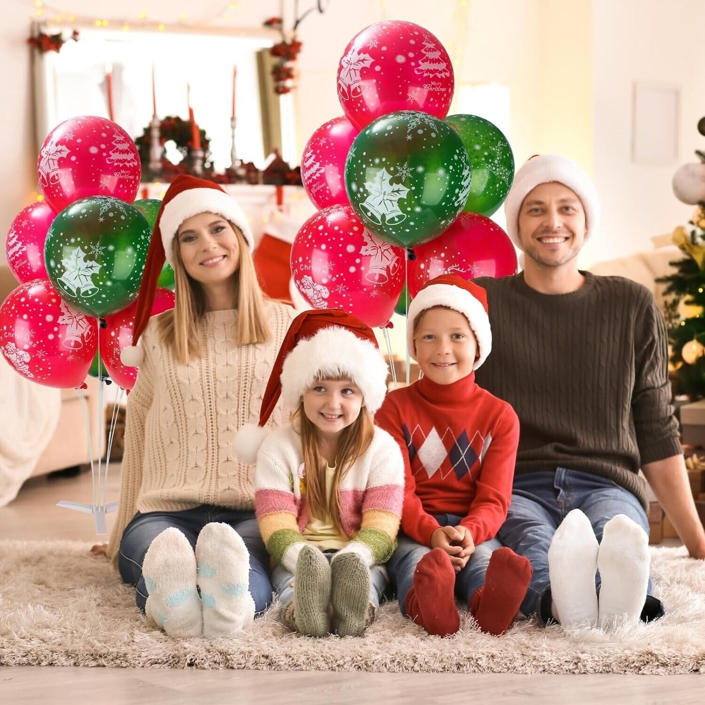 Balloon stand kit for parties with festive balloons and family celebrating Christmas together