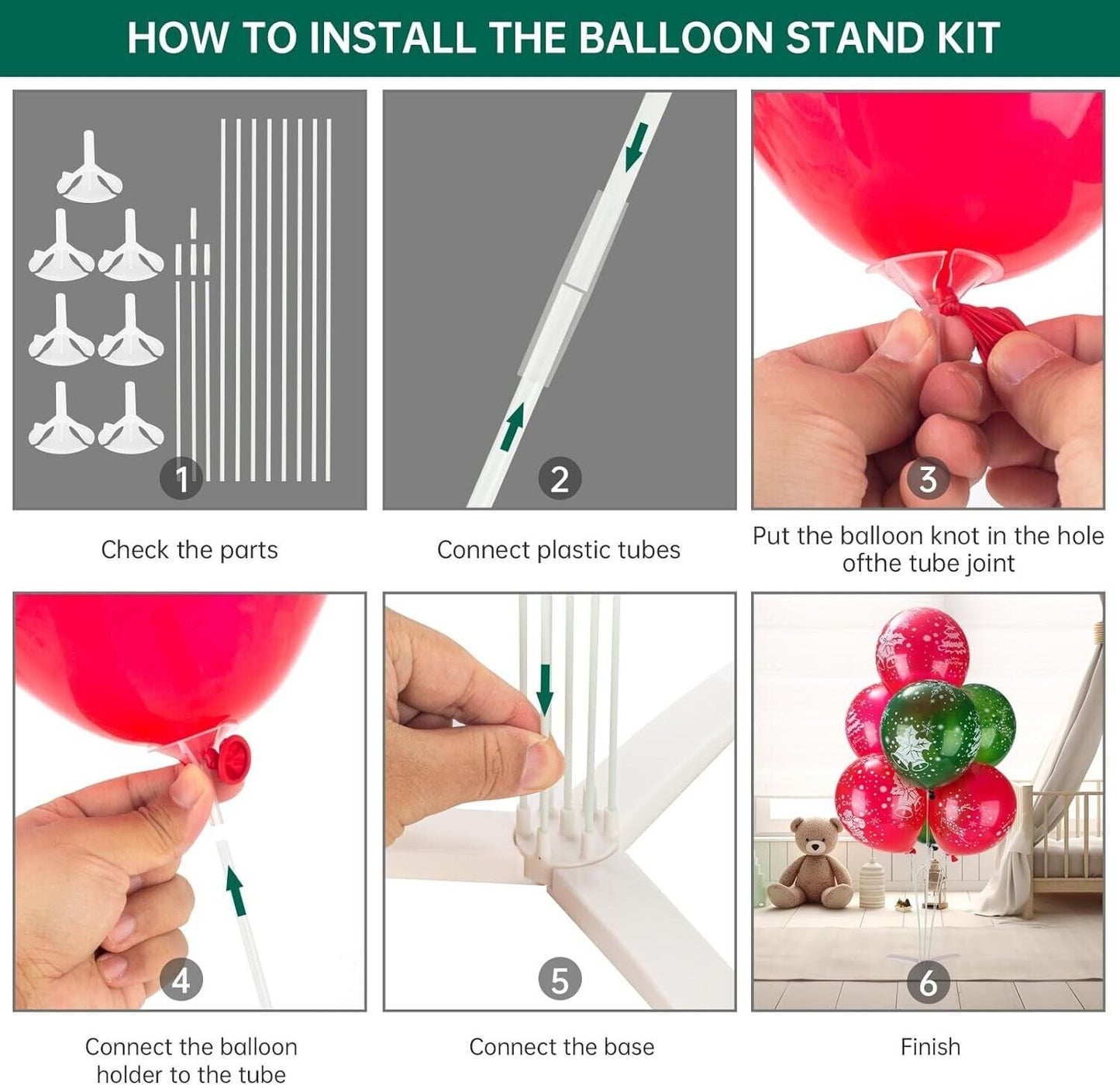 Instructions for using the balloon stand kit for parties with step-by-step visuals