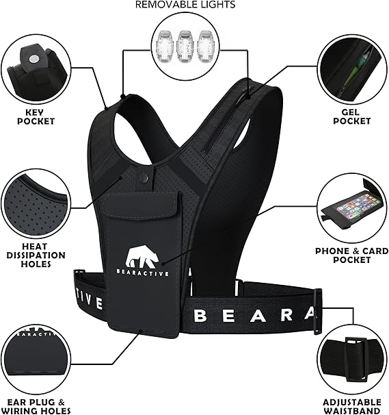 Bearactive LED running vest with lights featuring adjustable waistband and multiple pockets for convenience