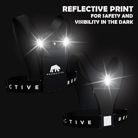 Bearactive LED running vest with lights featuring reflective print for safety and visibility in the dark