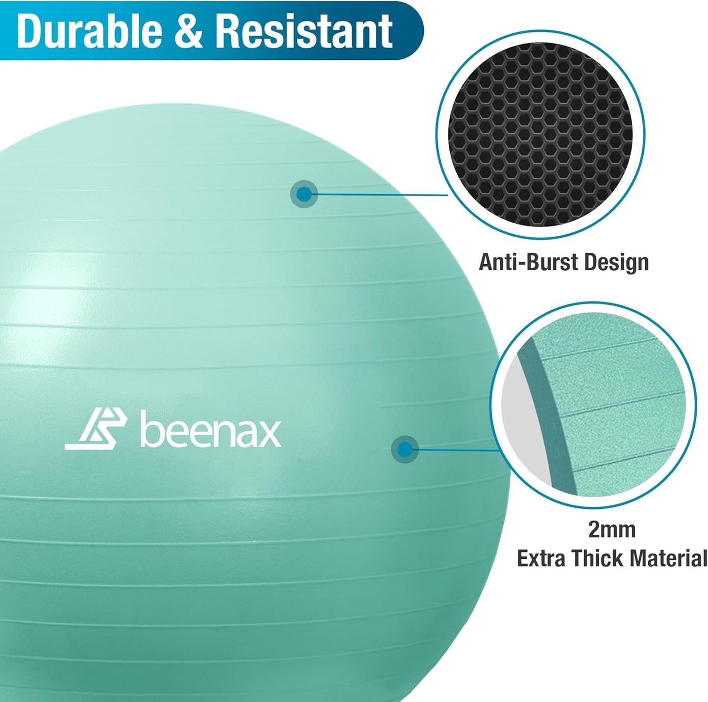 Beenax pregnancy exercise ball in teal with anti-burst design and extra thick material