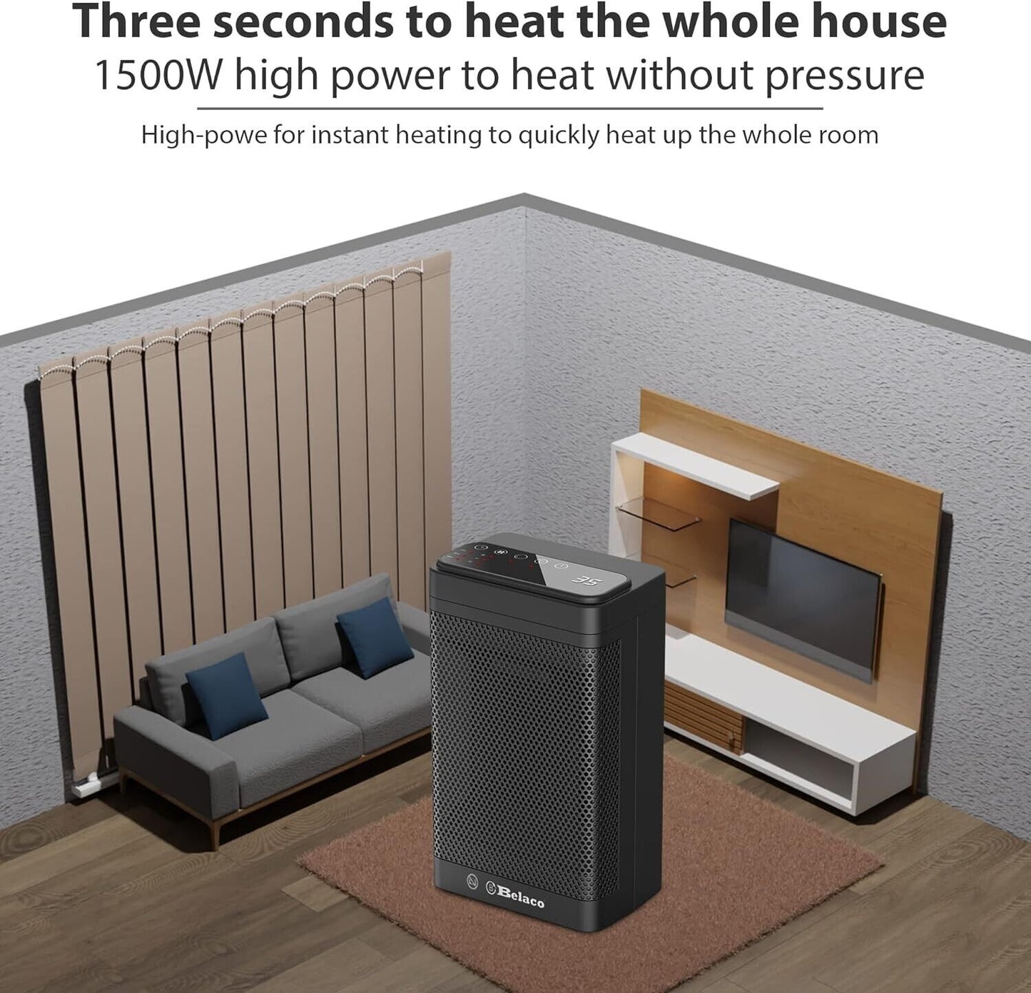 Belaco PTC ceramic heater in a modern living room, designed for quick and efficient room heating
