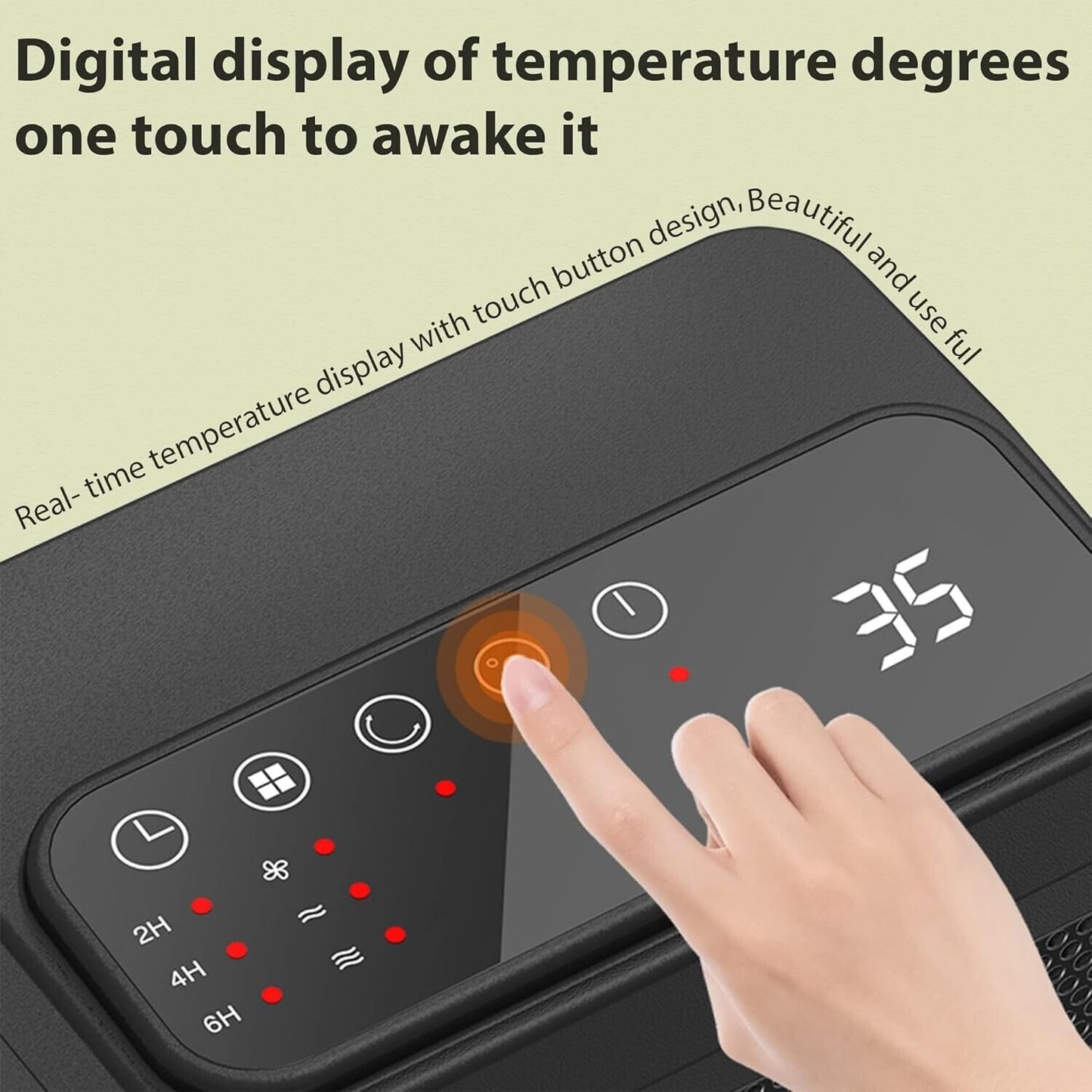 Top view of Belaco PTC ceramic heater with digital temperature display and touch controls