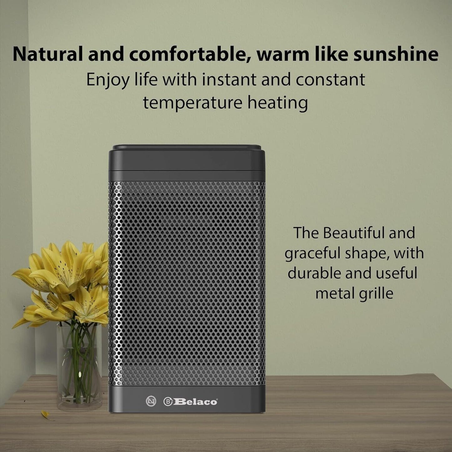 Belaco PTC ceramic heater with a stylish design and metal grille, perfect for instant heating in homes