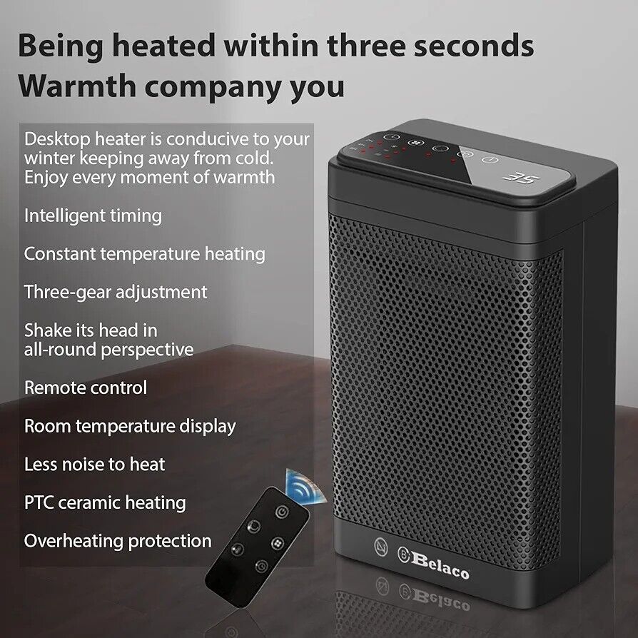 Belaco PTC ceramic heater with remote control and temperature display for quick heating