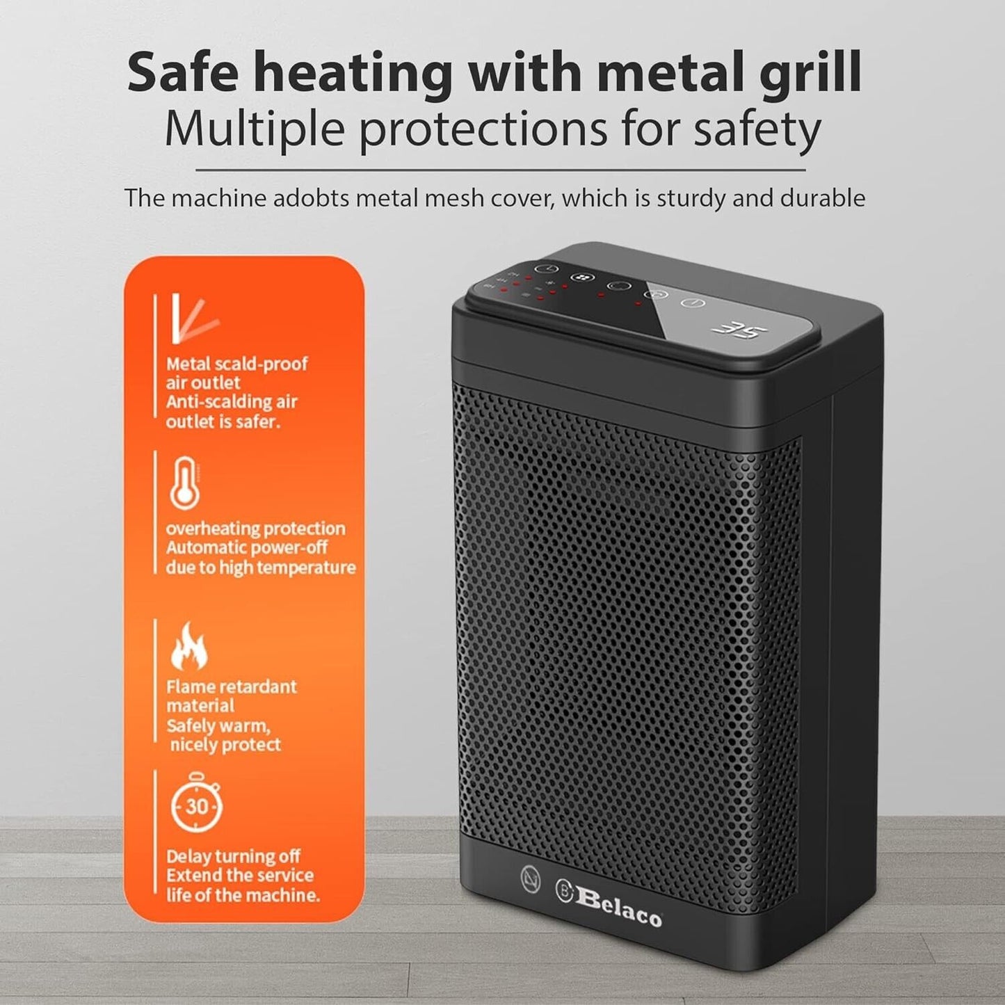Belaco PTC ceramic heater with metal grill, featuring multiple safety protections for safe heating