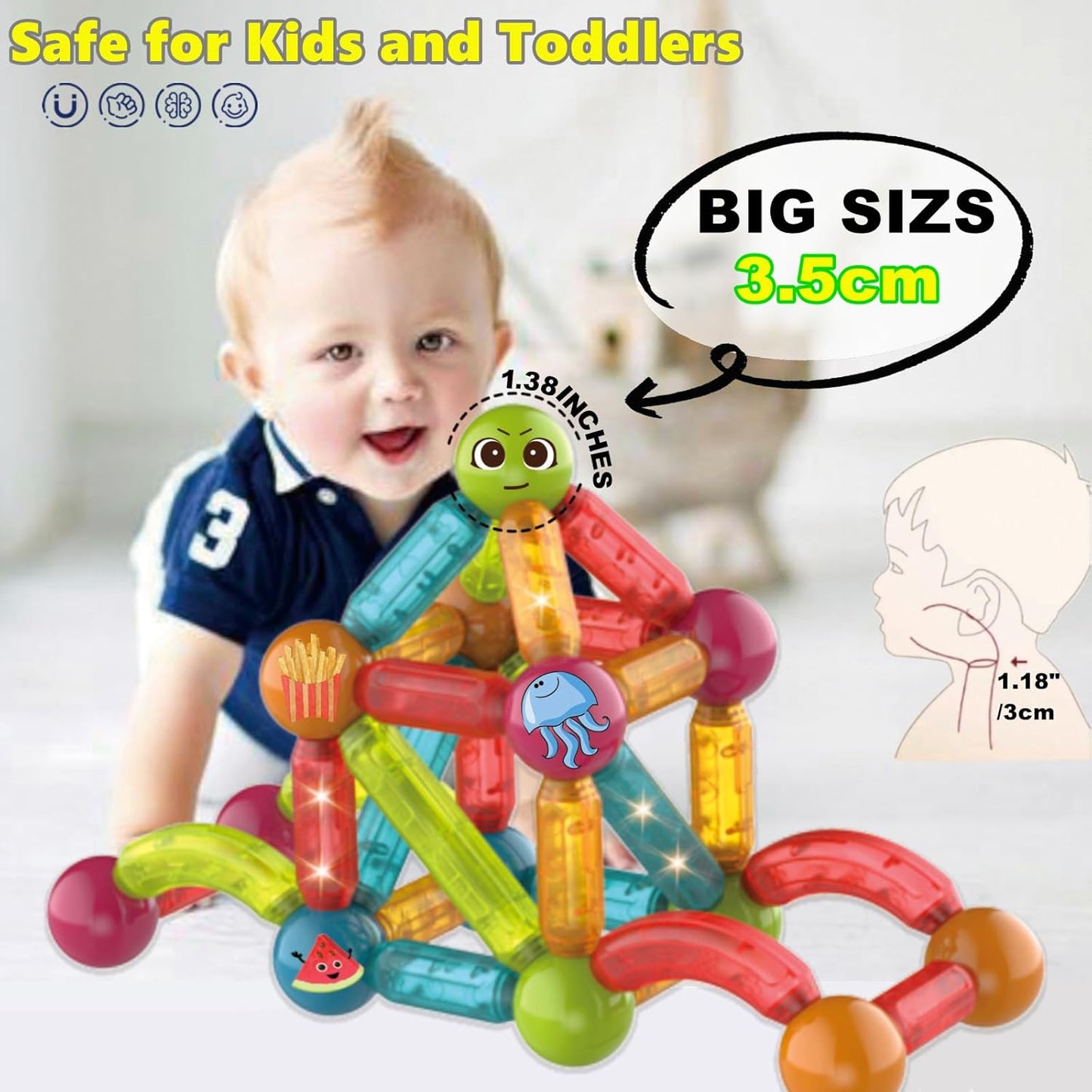 Child playing with BINZKBB magnetic glow in the dark building blocks in bright colours, safe for kids