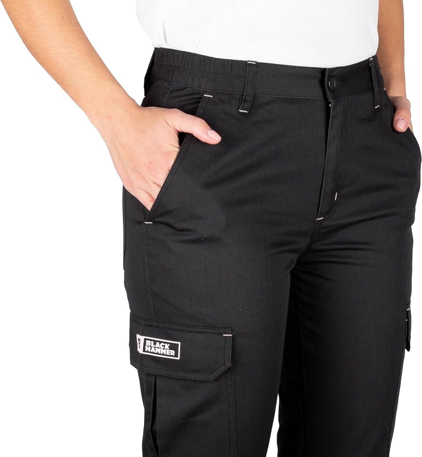 Black Hammer cargo pants size 14 in black with front pockets and logo patch on the side pocket