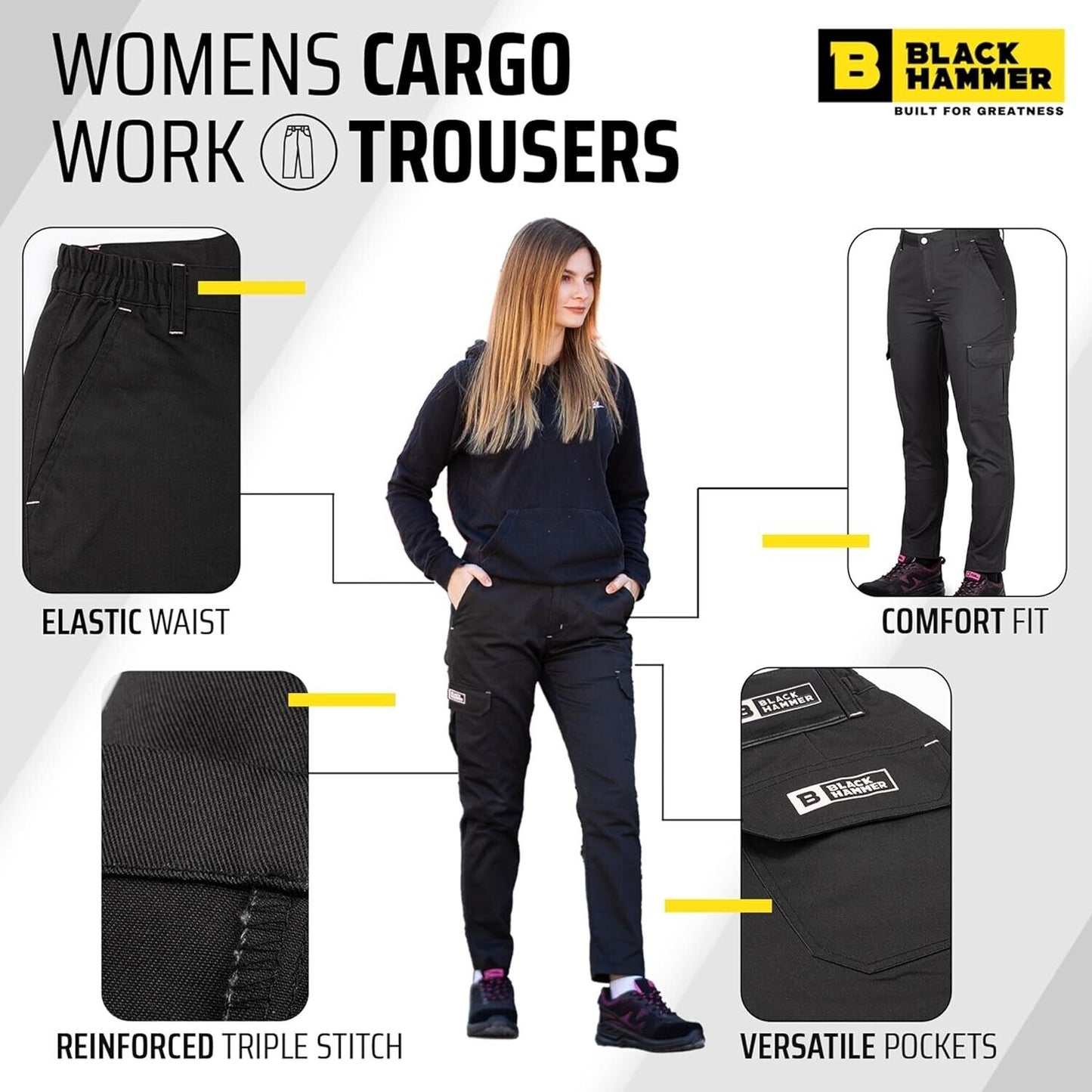 Black Hammer cargo pants size 14 for women with elastic waist comfort fit and versatile pockets