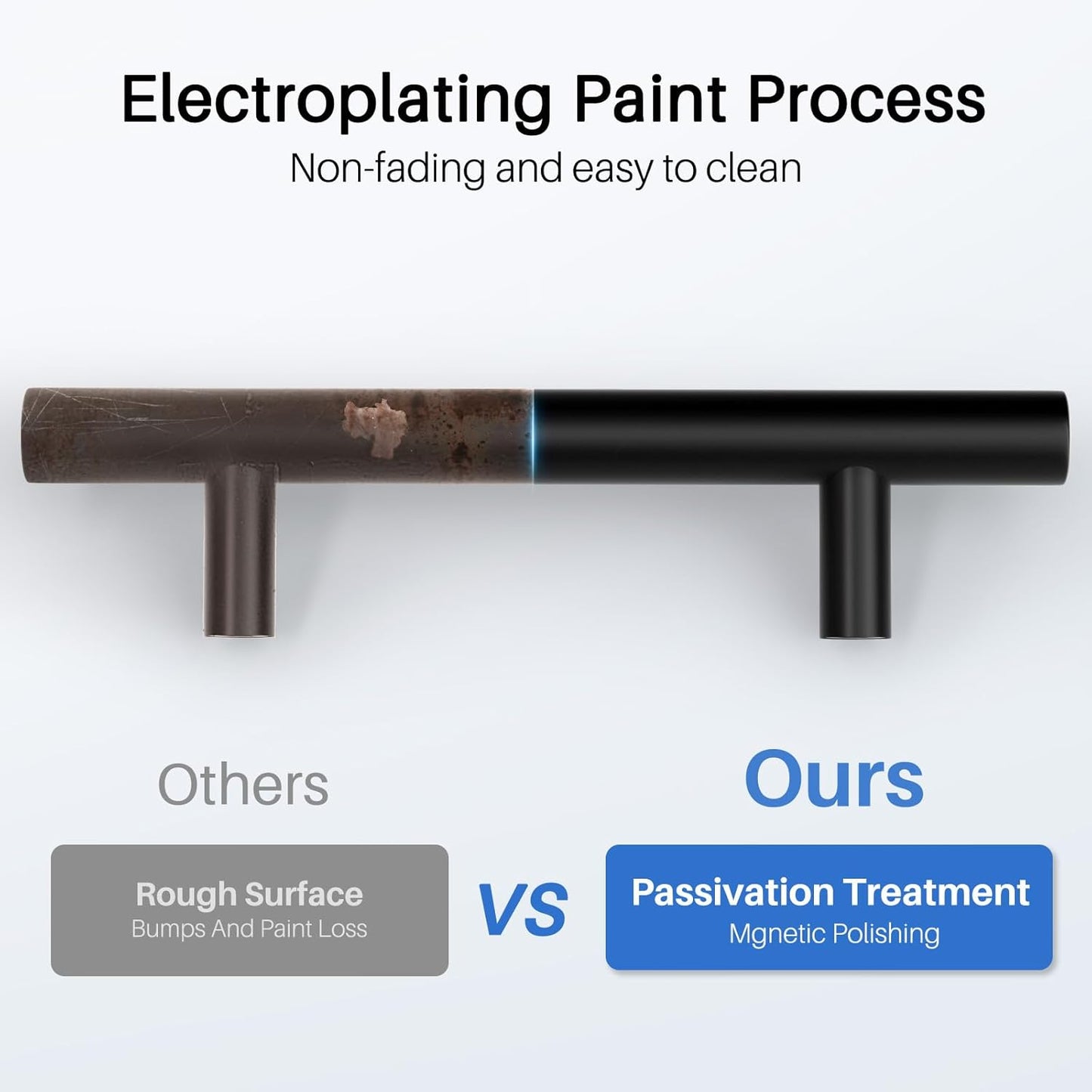Comparison of black kitchen cupboard handles 64mm showing superior electroplating process and surface finish