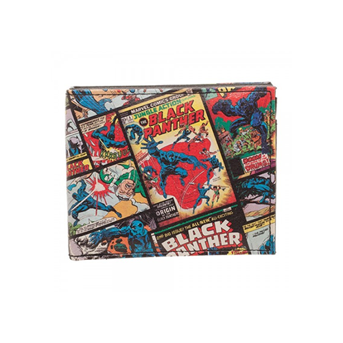 Bioworld Black Panther wallet for sale featuring colorful comic book designs and durable fabric