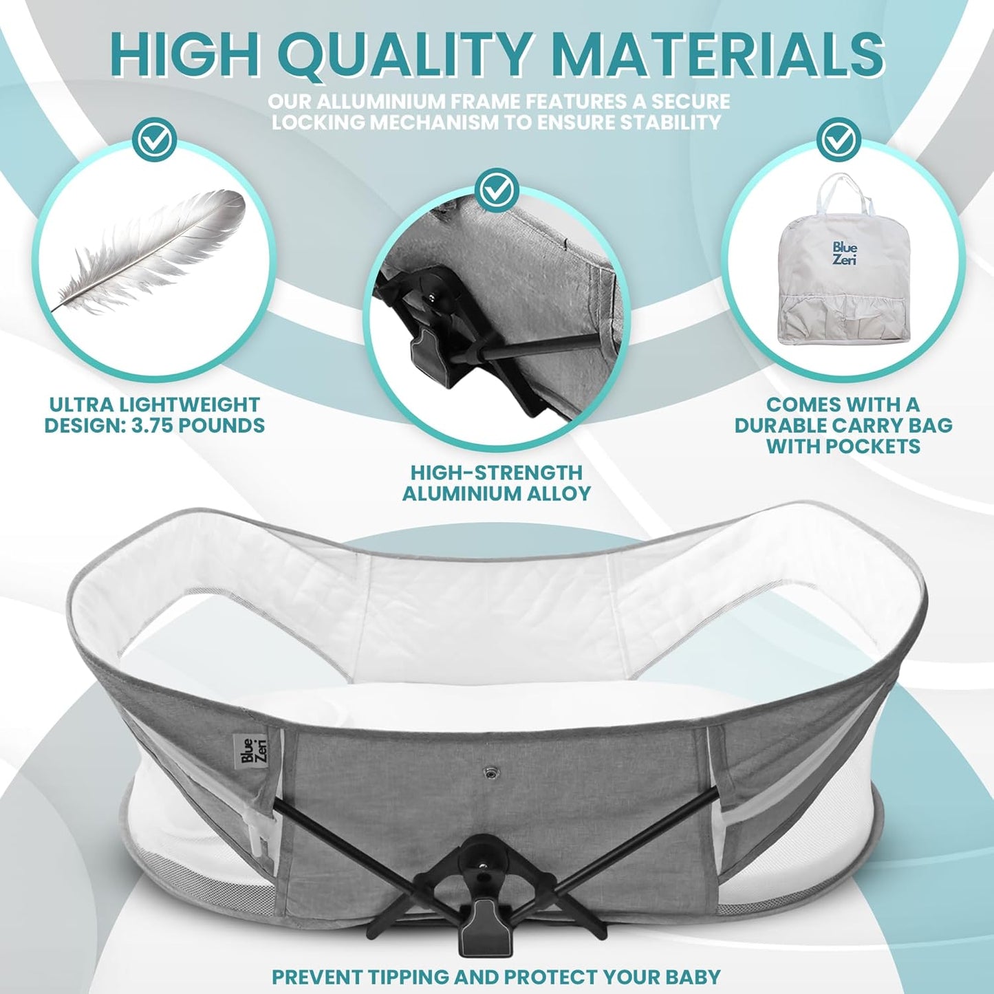 Blue Zeri portable baby travel bassinet with lightweight design and sturdy aluminium frame for safe sleeping