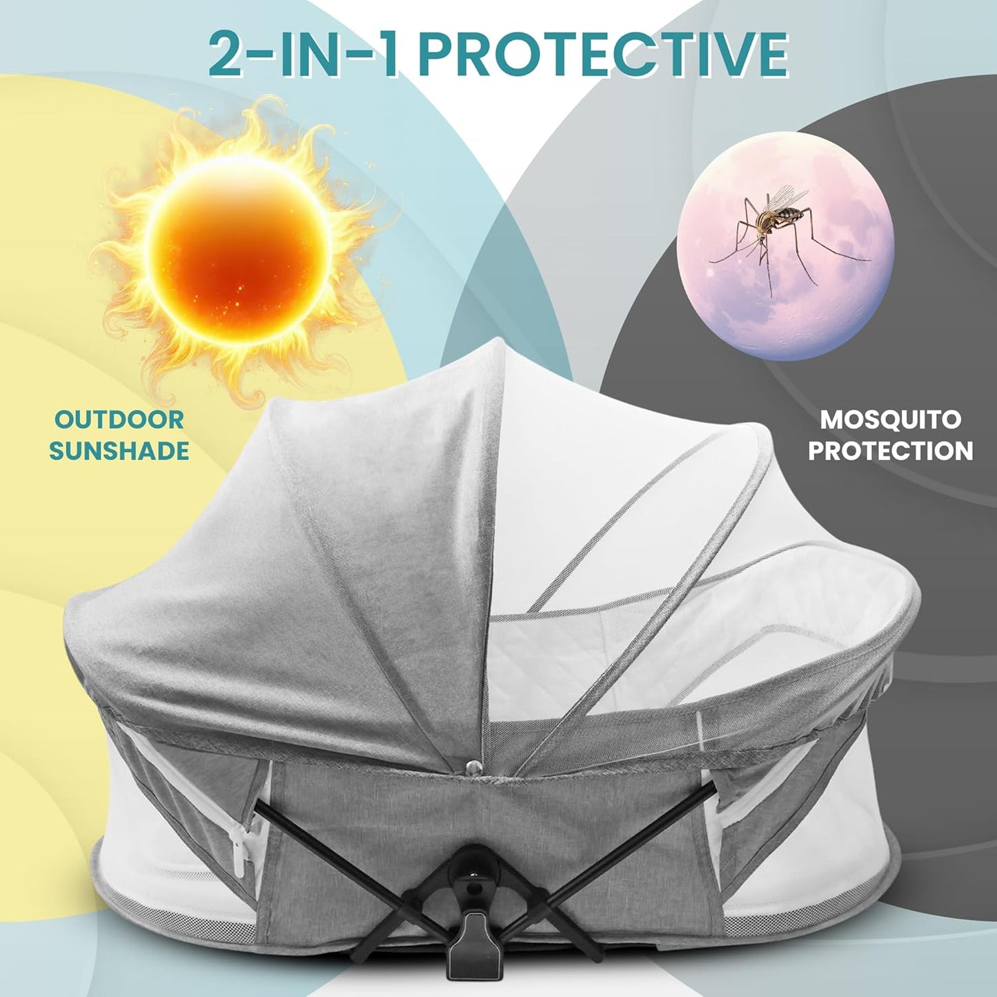 Portable baby travel bassinet with sunshade and mosquito protection for outdoor use