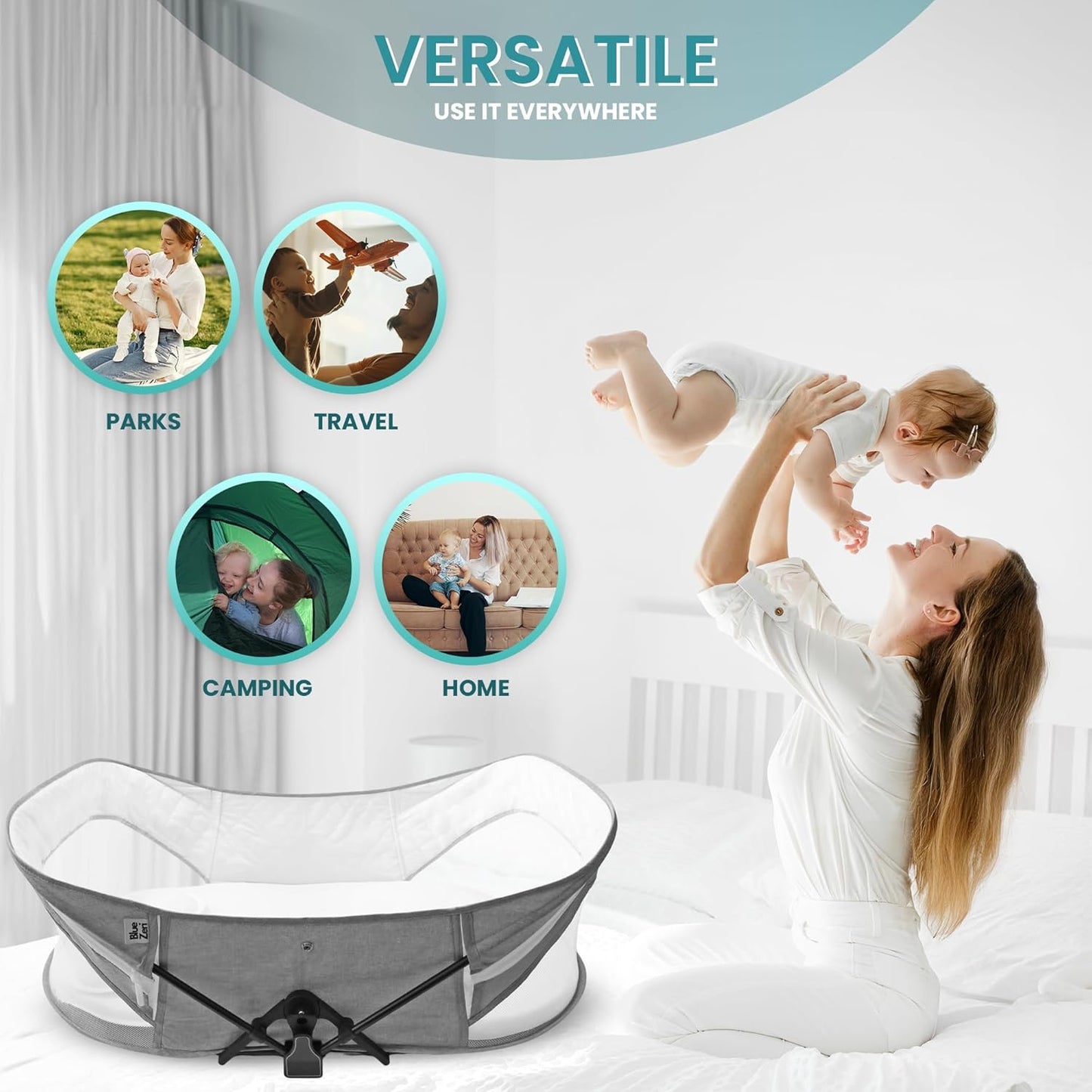 Blue Zeri portable baby travel bassinet for use at home, parks, camping, and while travelling