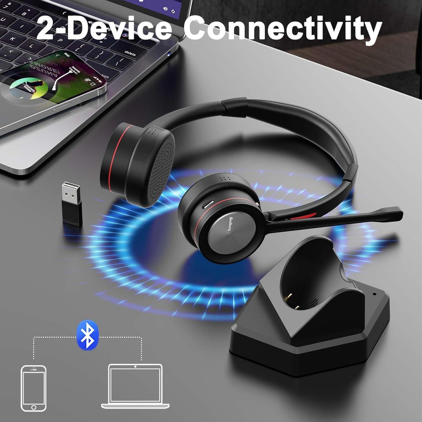 Beebang Bluetooth headset with microphone for PC with dual device connectivity and charging dock