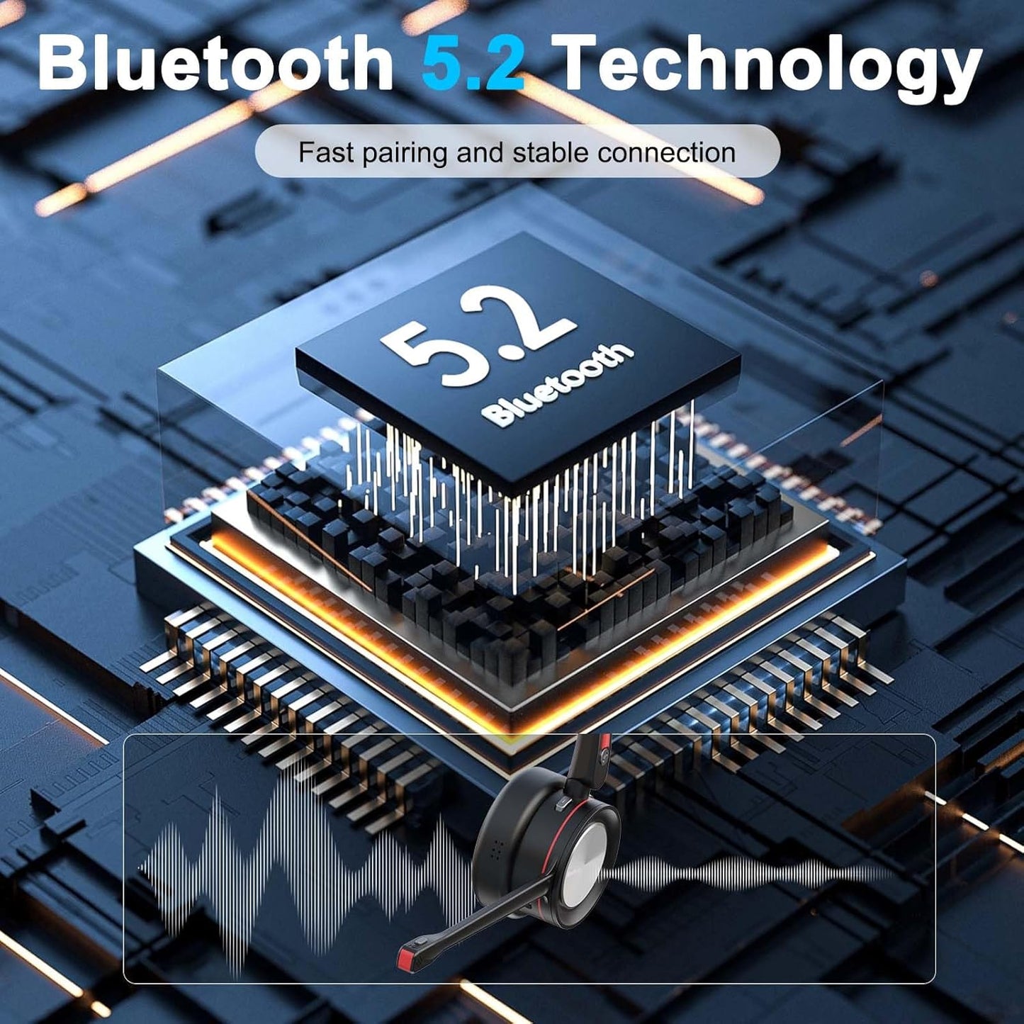 Bluetooth headset with microphone for PC featuring Bluetooth 5.2 technology for fast pairing and stable connection