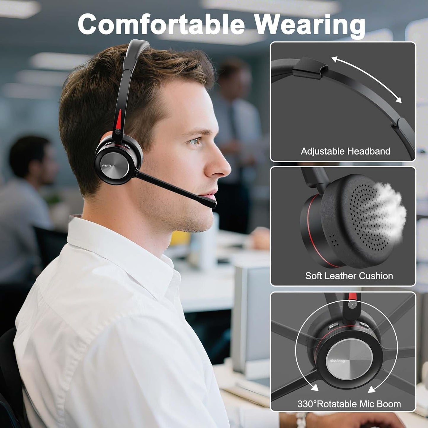 Beebang Bluetooth headset with microphone for PC featuring adjustable headband and soft leather cushion