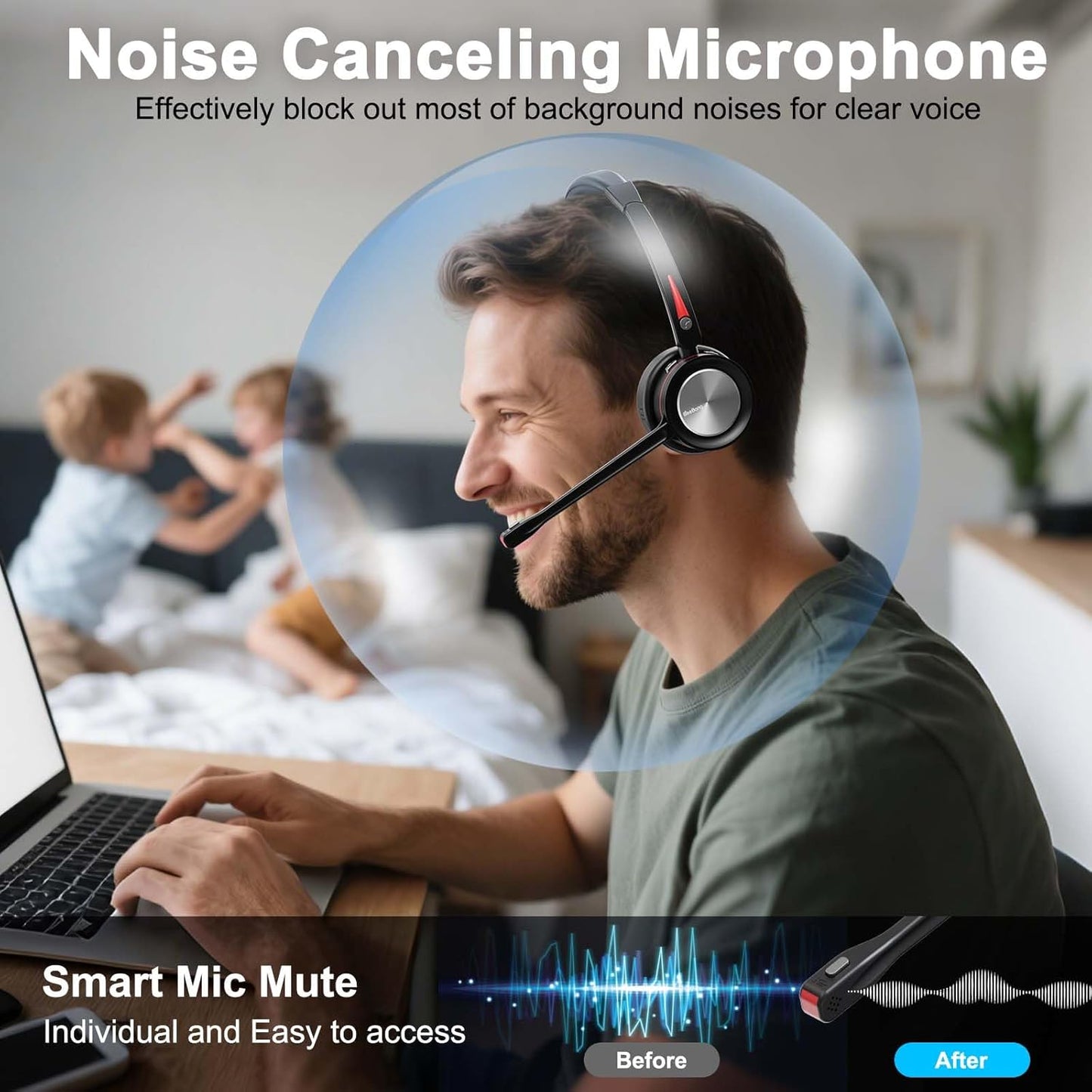 Beebang Bluetooth headset with microphone for PC featuring noise cancelling for clear voice during calls