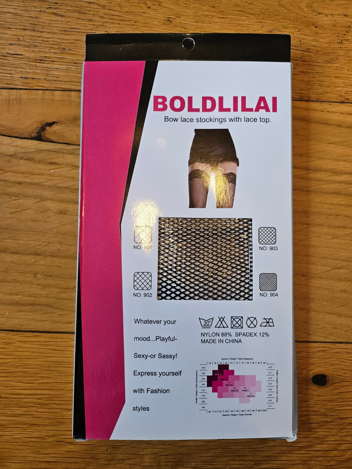 Boldlilai packaging for black lace stockings with bow featuring a stylish lace top and playful design