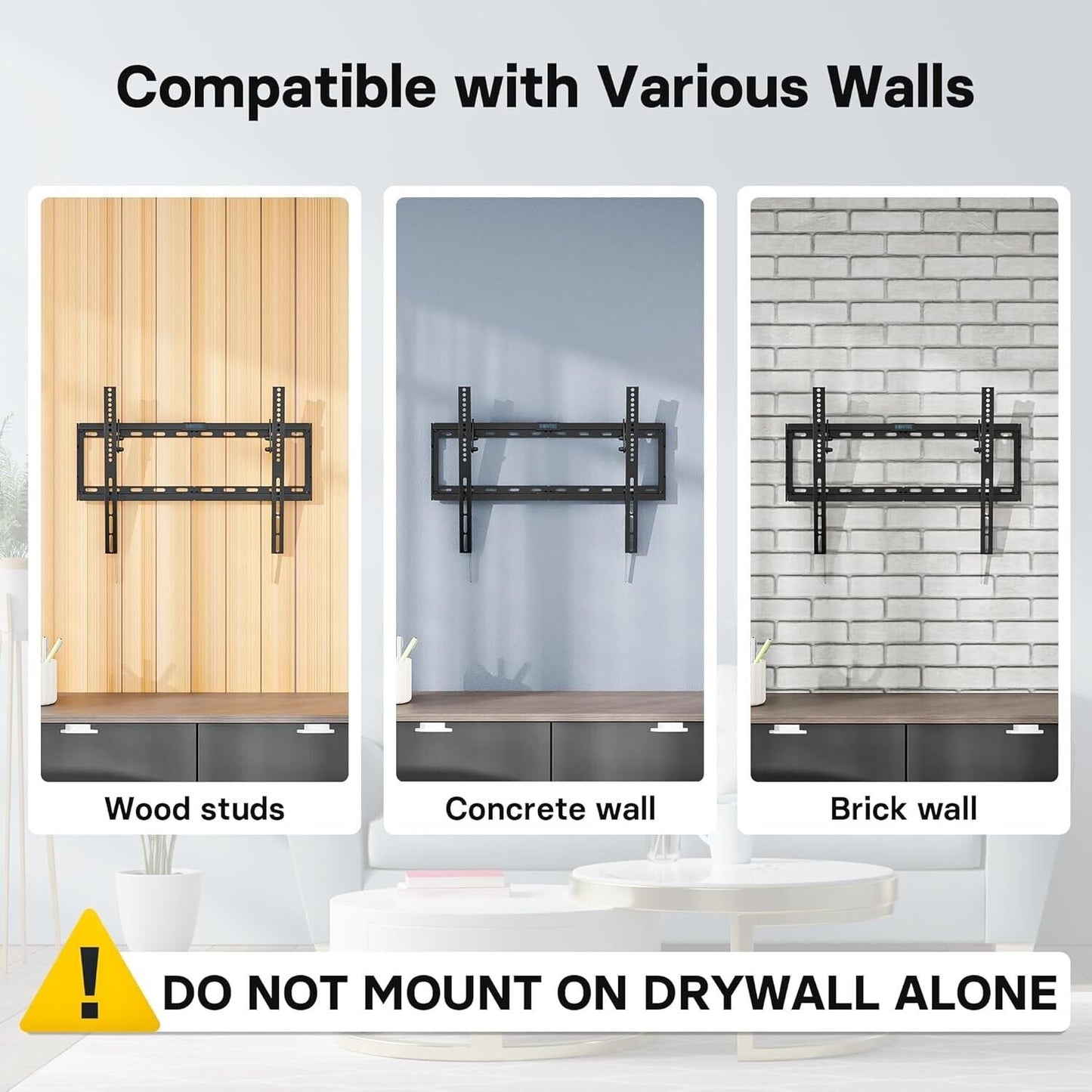 BONTEC TV wall bracket for 37-80 inch TVs mounted on wood, concrete, and brick walls